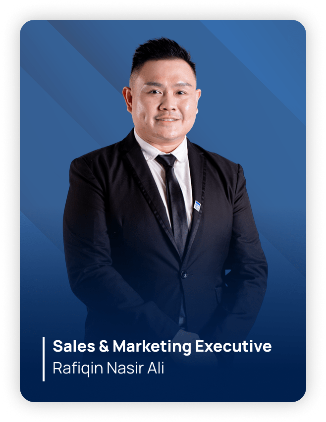 A smiling person in a suit stands against a blue gradient background. Text at the bottom reads: 'Sales & Marketing Executive, Rafiqin Nasir Ali