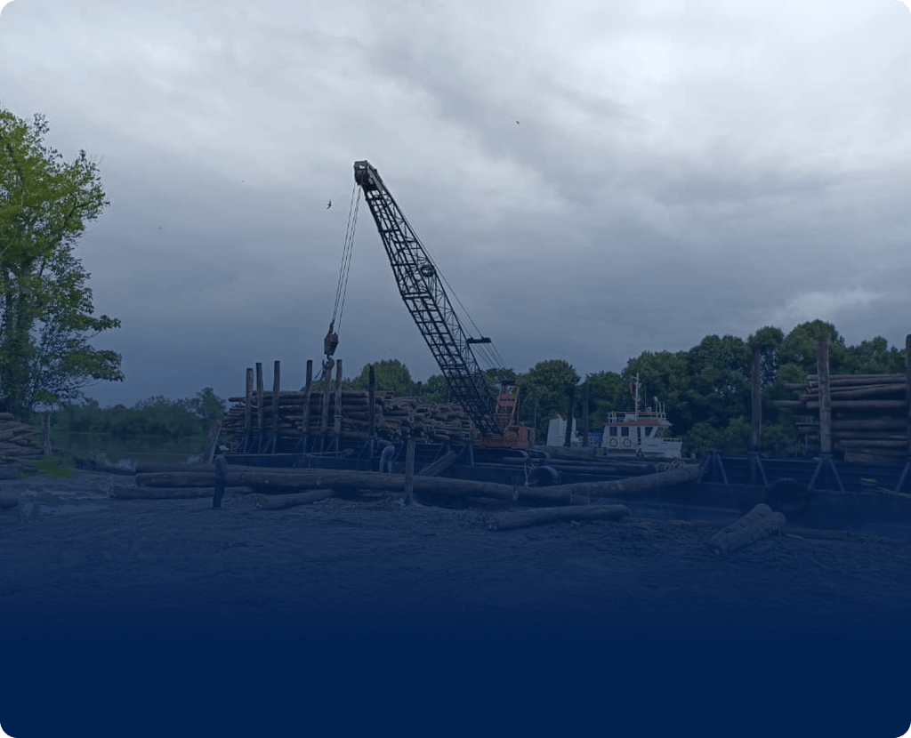 Crane lifts logs onto barge by riverbank, surrounded by trees under cloudy sky. Industrial, overcast scene.