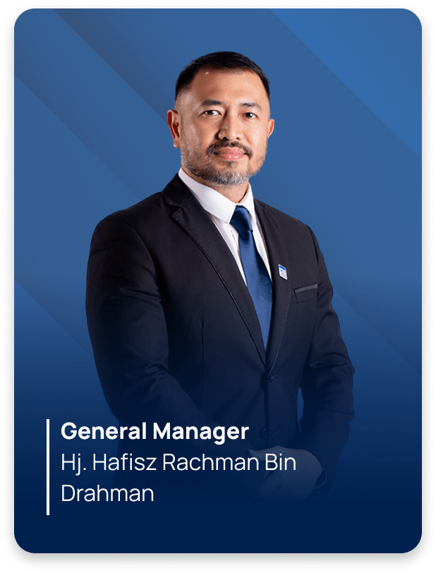 Man in suit with blue tie; blue striped background. Text: "General Manager Hj. Hafisz Rachman Bin Drahman."