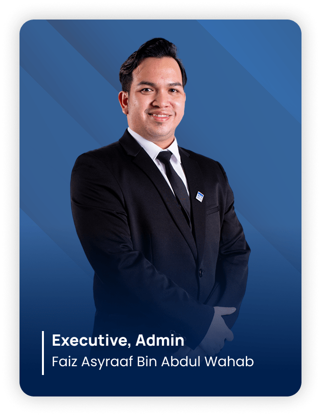 A man in a black suit and tie smiles confidently on a blue background. Text reads: "Executive, Admin, Faiz Asyraaf Bin Abdul Wahab."