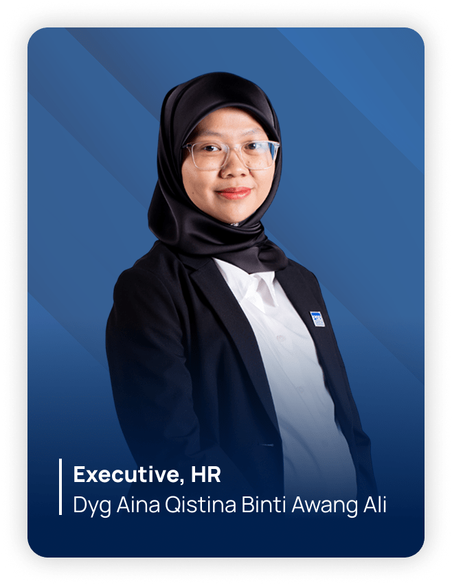 Woman in hijab and glasses, black blazer, white shirt, smiling confidently on blue background. Text: "Executive, HR."