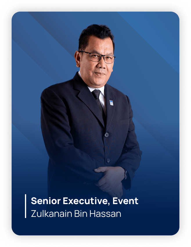 Man in suit with crossed arms against blue background. Text: "Senior Executive, Event."