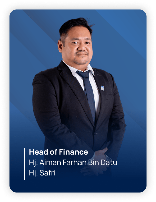 Portrait of a man in a dark suit and blue tie, standing confidently against a blue gradient background. Text reads "Head of Finance."